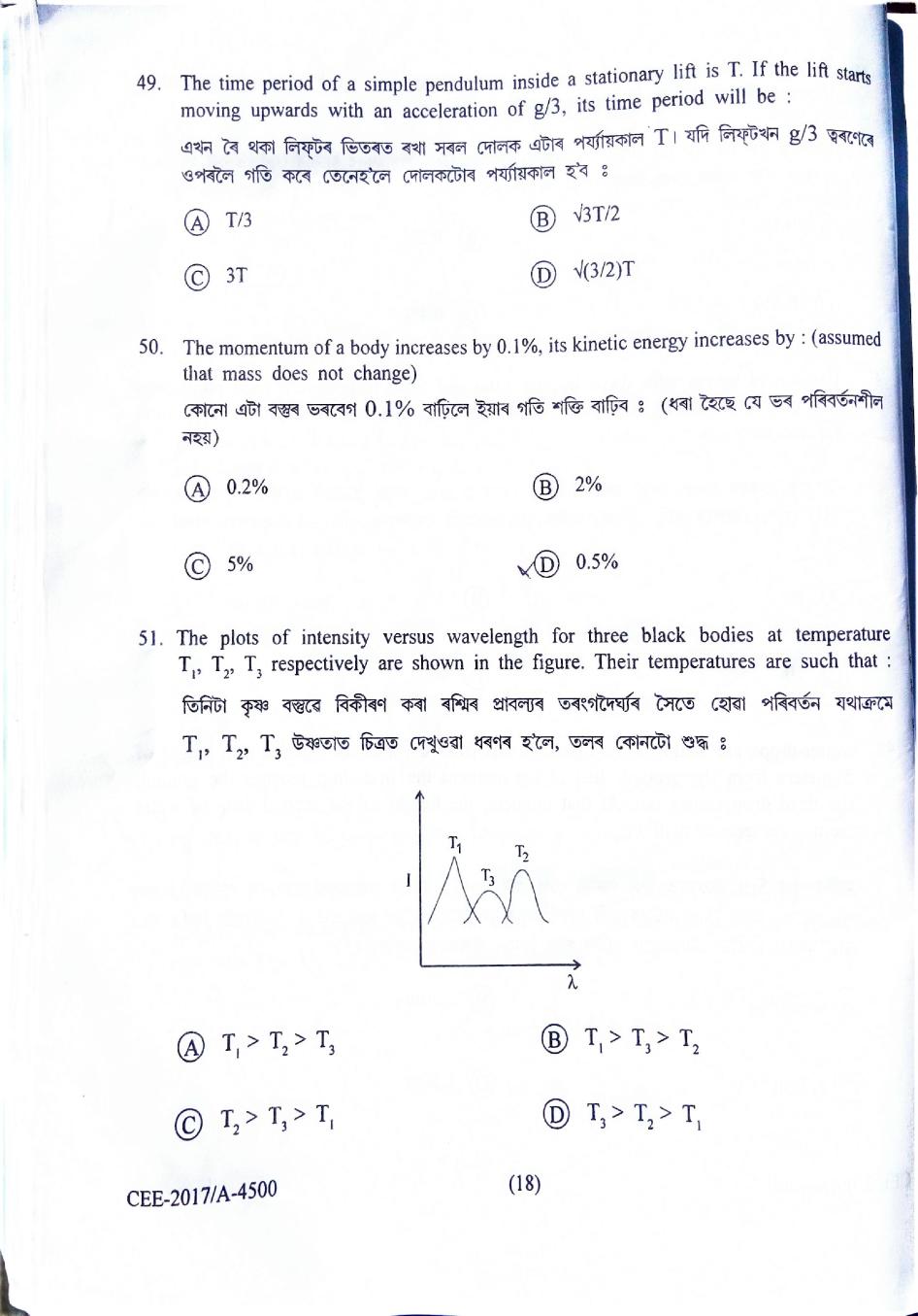Assam CEE 2017 Question Paper PDF (Physics, Chemistry, Maths)