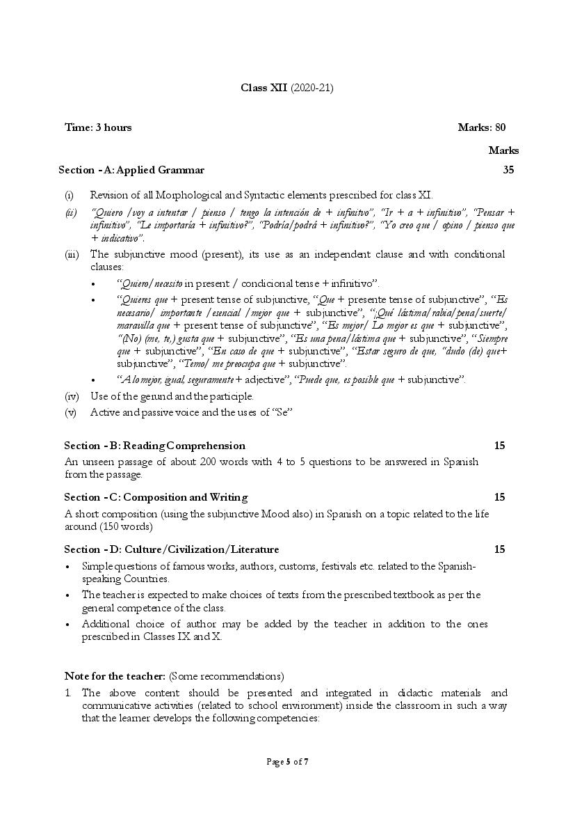 CBSE Class 12 Spanish Syllabus 2020-21 - Page 1