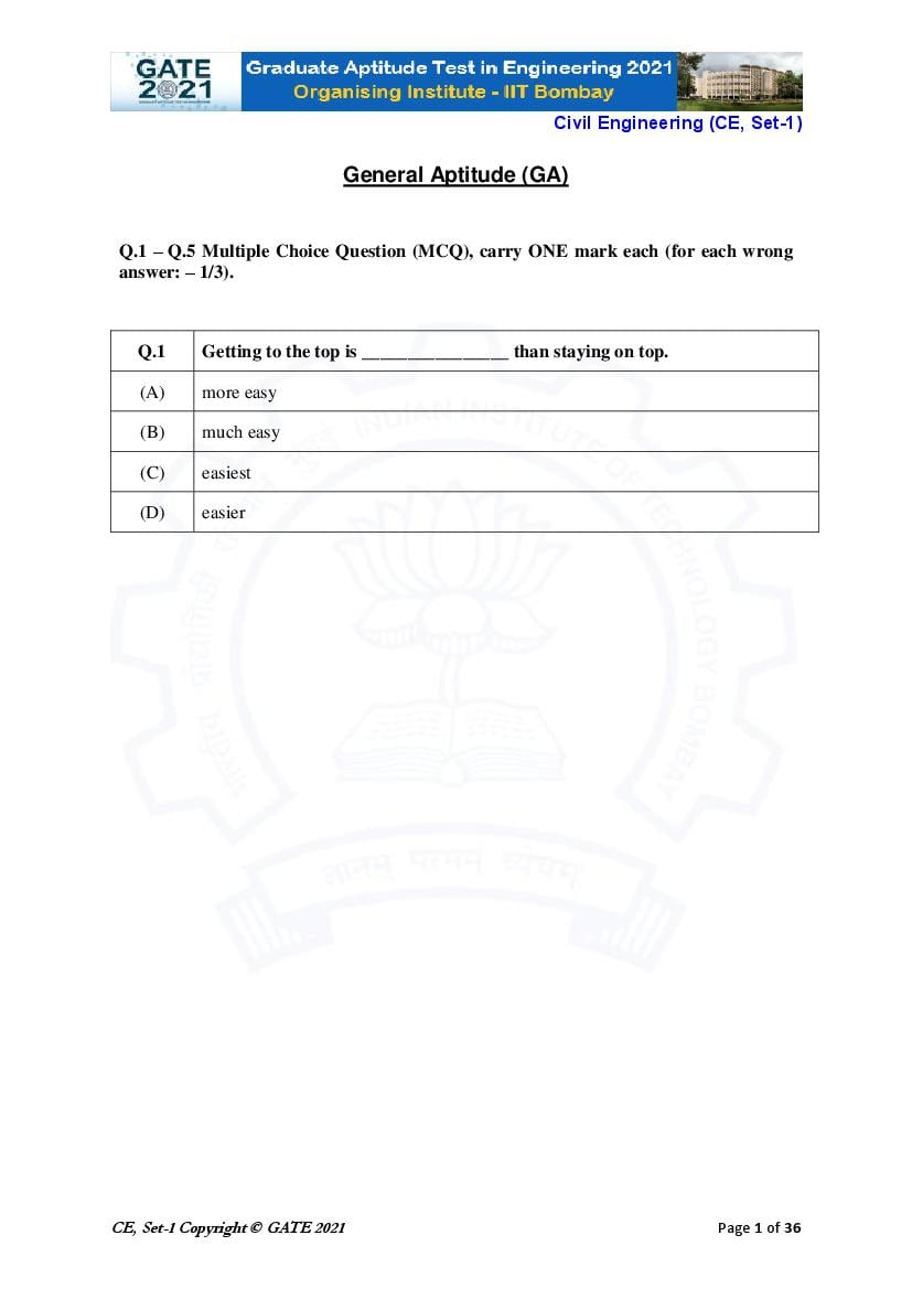 GATE 2021 Question Paper CE Civil Engineering 1 - Page 1