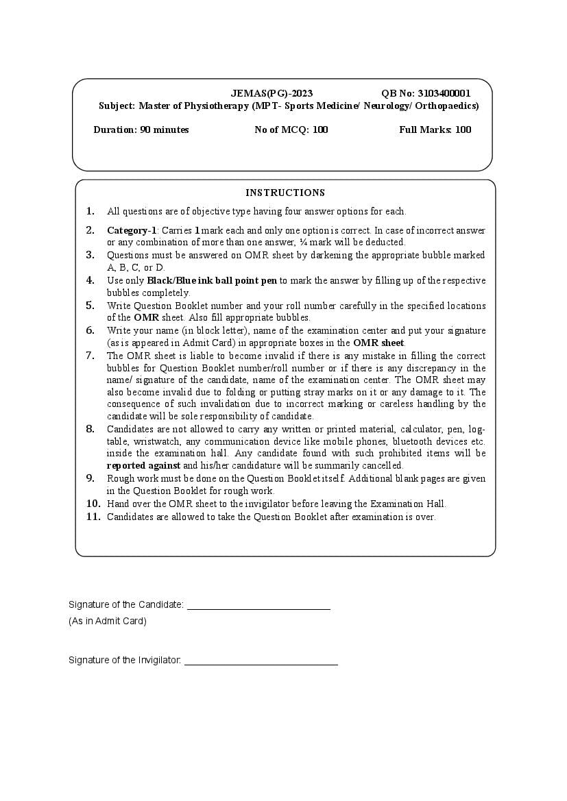 JEMAS PG 2023 Question Paper MPT - Page 1