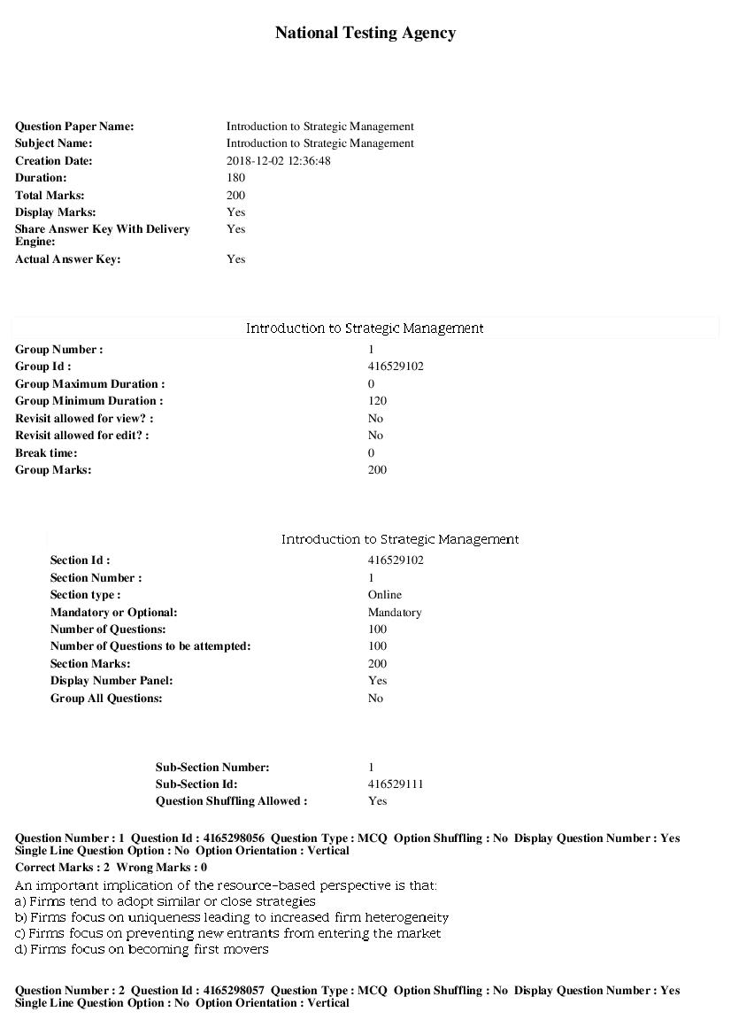 SWAYAM 2018 Question Paper Introduction to Strategic Management - Page 1 of 18