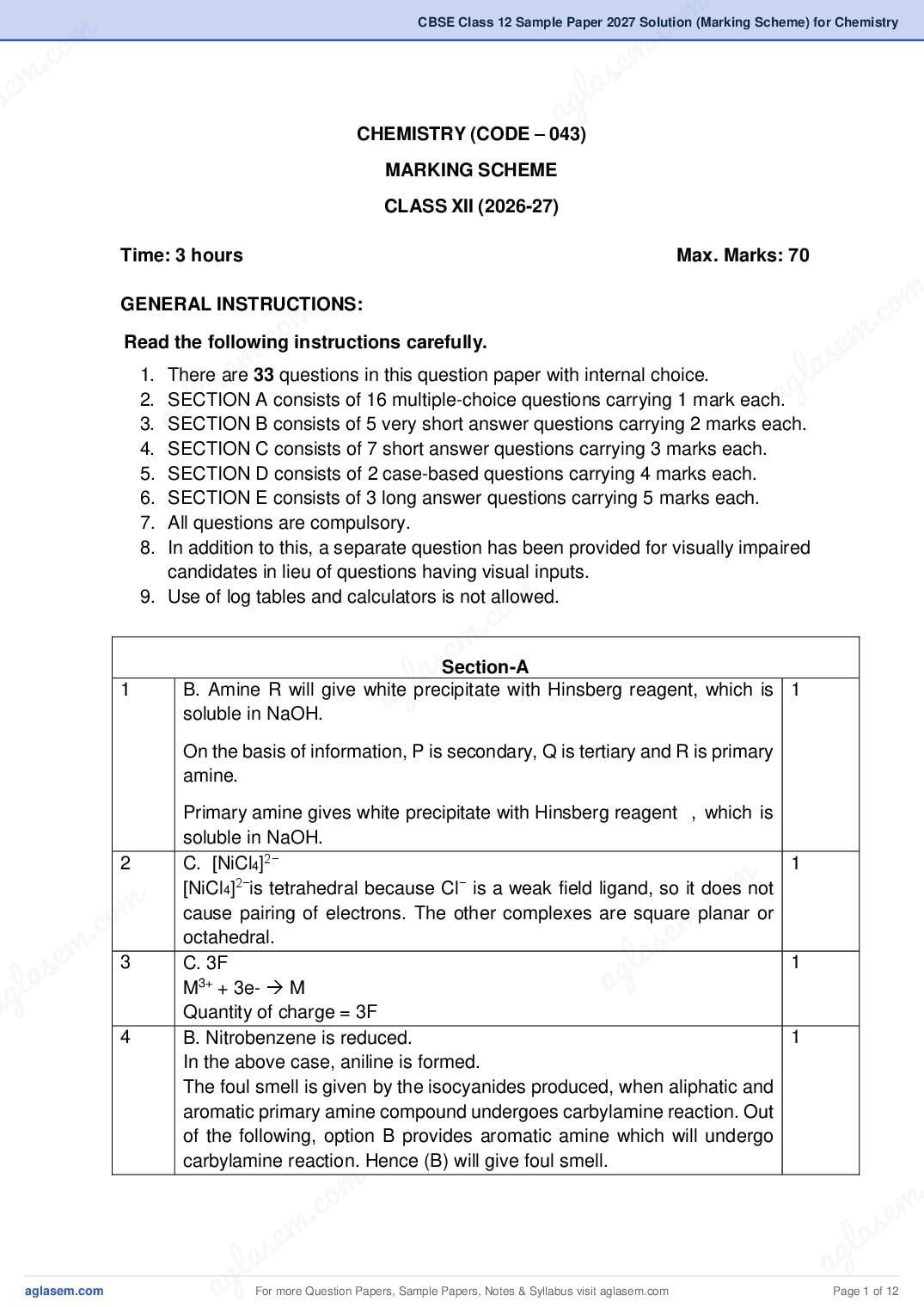 CBSE Class 12 Sample Paper 2027 Solution (Marking Scheme) for Chemistry - Page 1 of 12