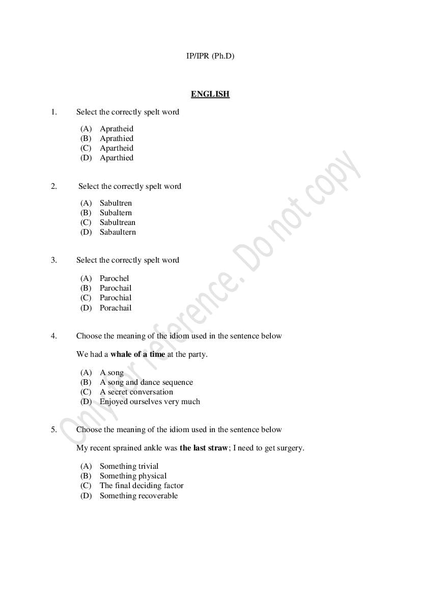 CUSAT CAT 2021 Question Paper Ph.D IP IPR - Page 1