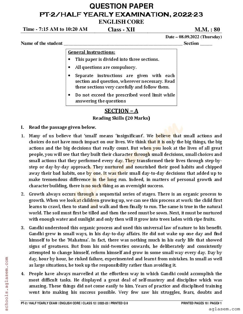 Class 12 English Half Yearly Question Paper 2023 (PDF) - 12th Half ...