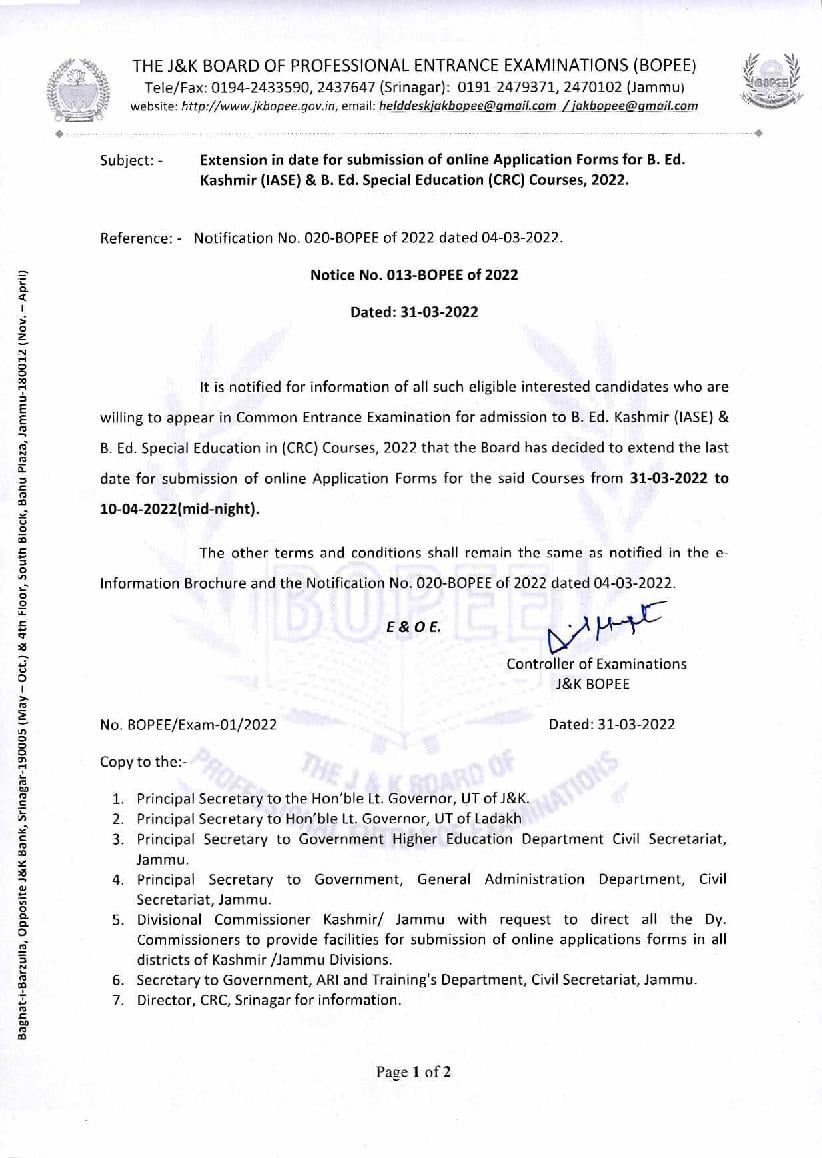 Jammu And Kashmir B.Ed Application Form 2022 Last Date Extended Notice