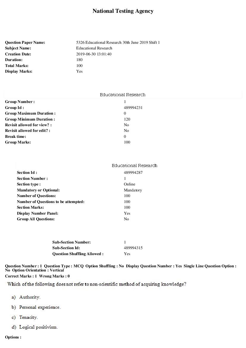 ARPIT 2019 Question Paper for Educational Research Shift 1 - Page 1 of 34