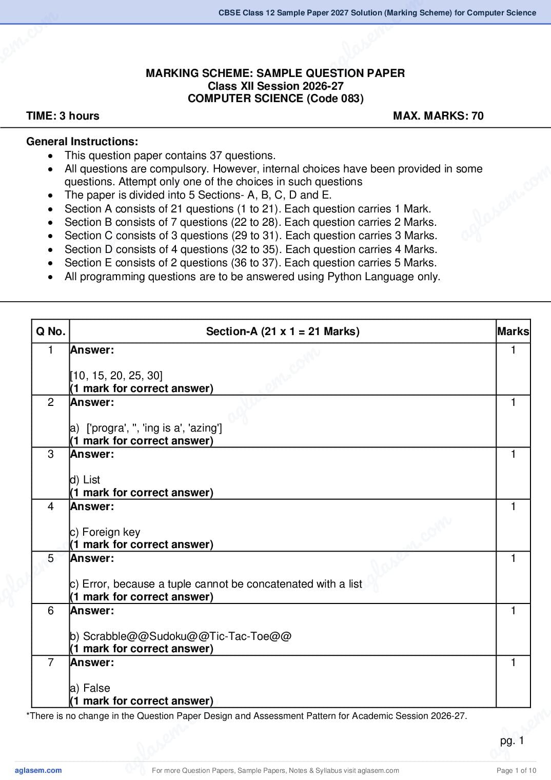 CBSE Class 12 Sample Paper 2027 Solution (Marking Scheme) for Computer Science - Page 1 of 10