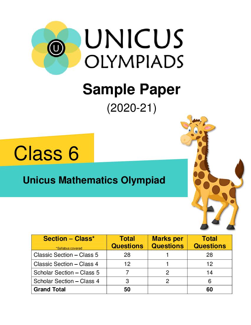 Unicus Mathematics Olympiad (UMO) Class 6 Sample Paper - Page 1 of 4