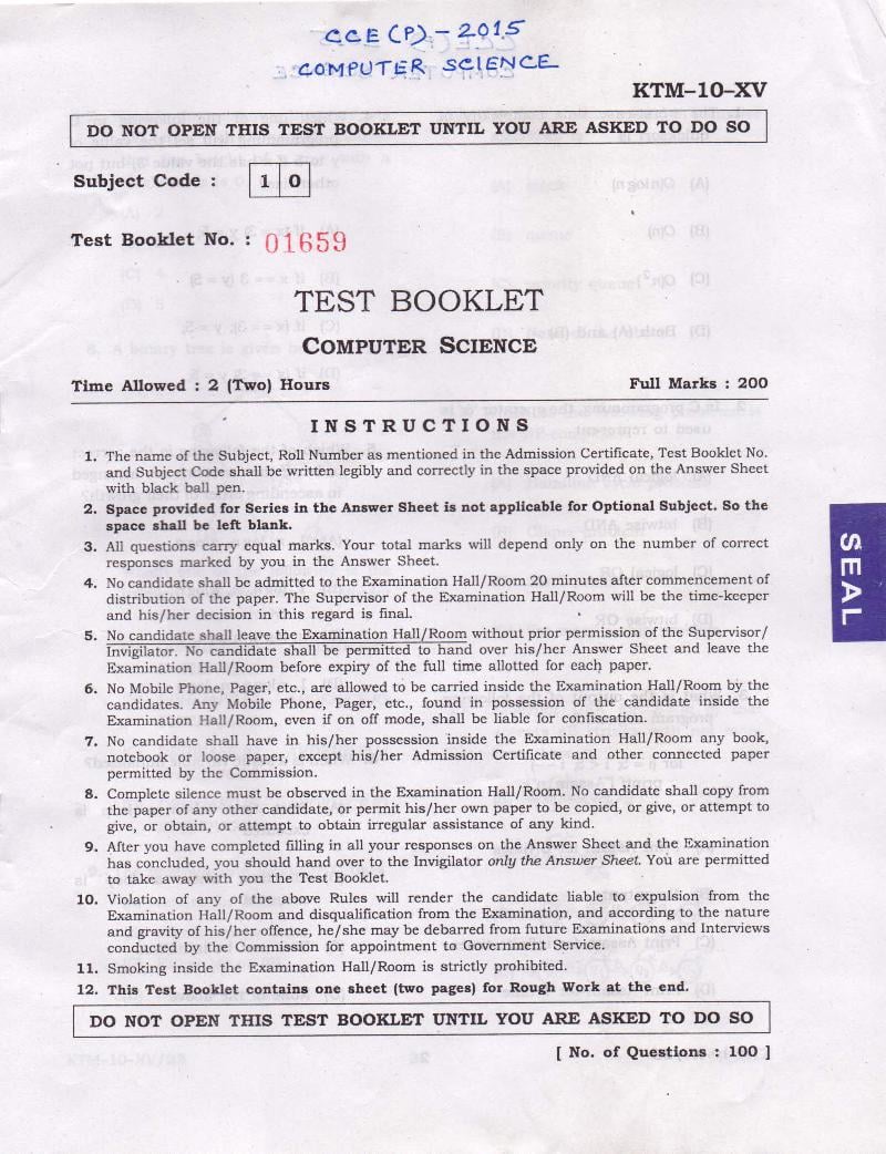 APSC CCE (Prelims) Question Paper 2015 for Computer Science - Page 1