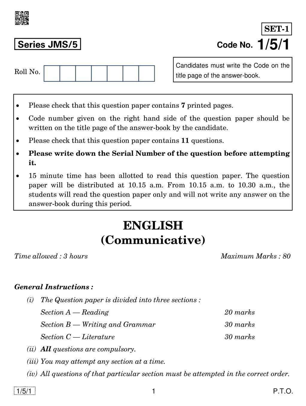 CBSE Class 10 English Communicative Question Paper 2019 Set 5 - Page 1