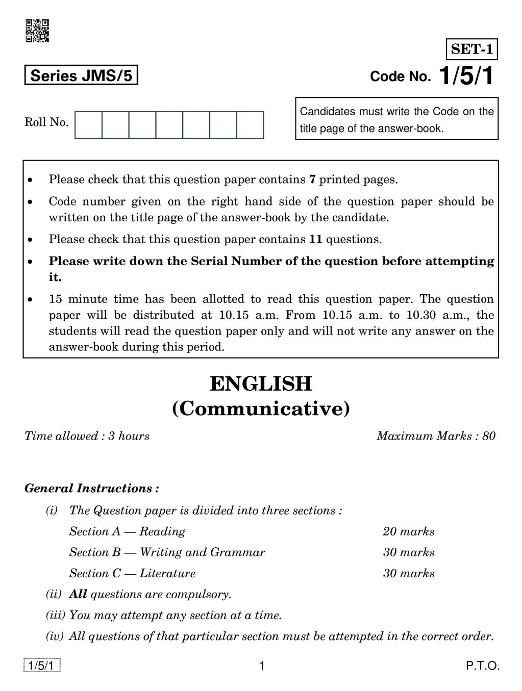 Class 10 English Question Paper 2019 Pdf