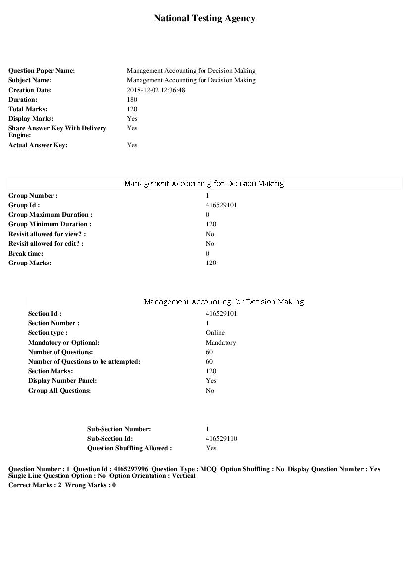 SWAYAM 2018 Question Paper Management Accounting for Decision Making - Page 1 of 13