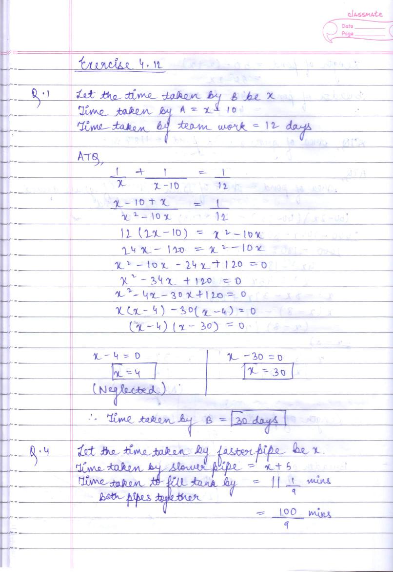 RD Sharma Solutions Class 10 Chapter 4 Quadratic Equations Exercise 4.12 - Page 1