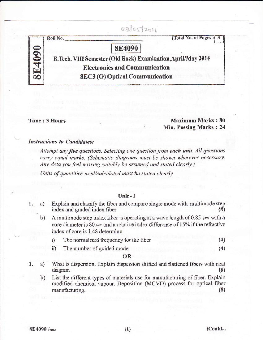 RTU 2016 Question Paper Semester VIII Electronics and Communication Engineering Optical Communication - Page 1