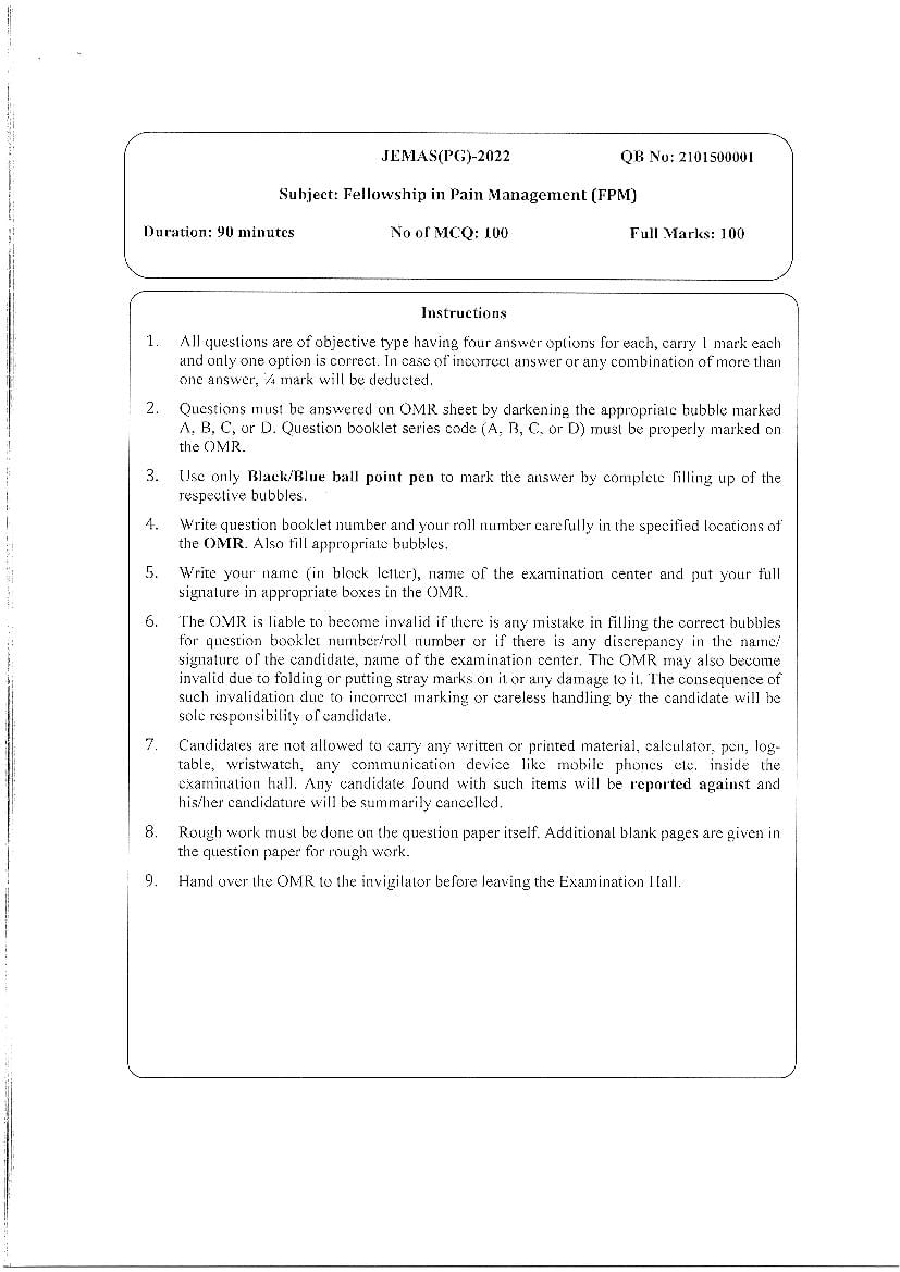 JEMAS PG 2022 Question Paper FPM - Page 1