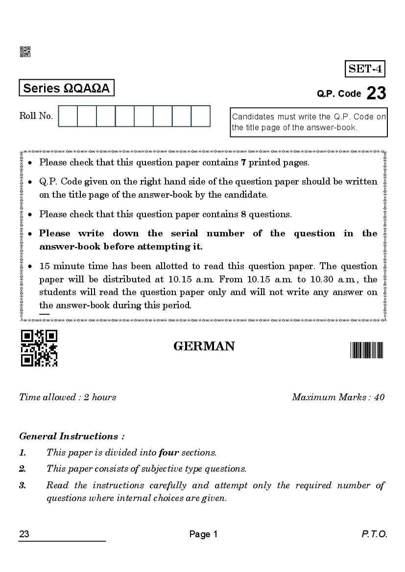 CBSE Class 10 Question Paper 2022 German (Solved) - Page 1