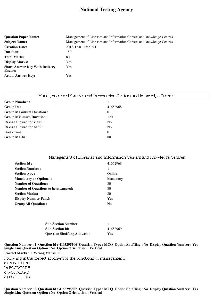 SWAYAM 2018 Question Paper Management of Libraries and Information Centers and knowledge Centres - Page 1 of 14