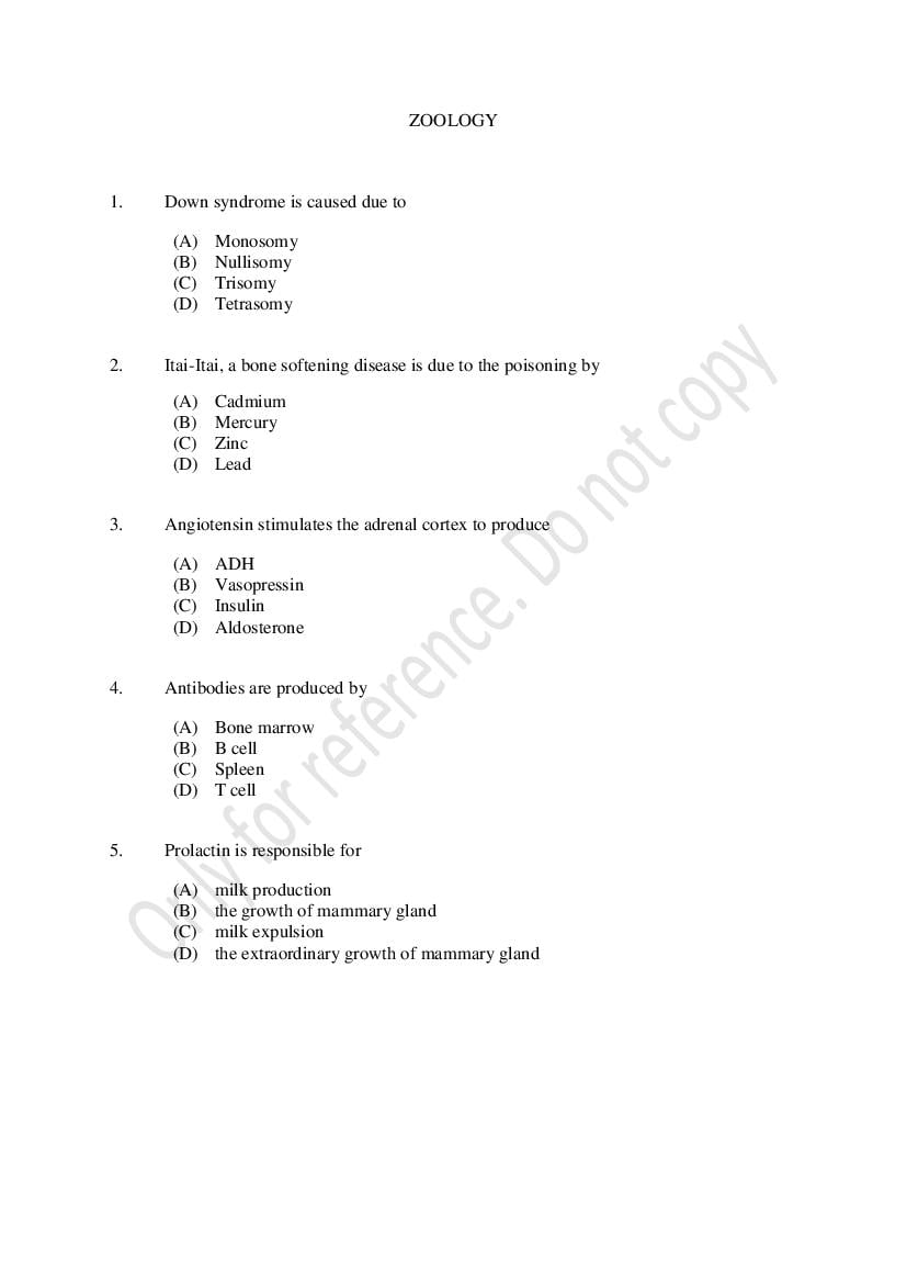 CUSAT CAT 2021 Question Paper Zoology - Page 1