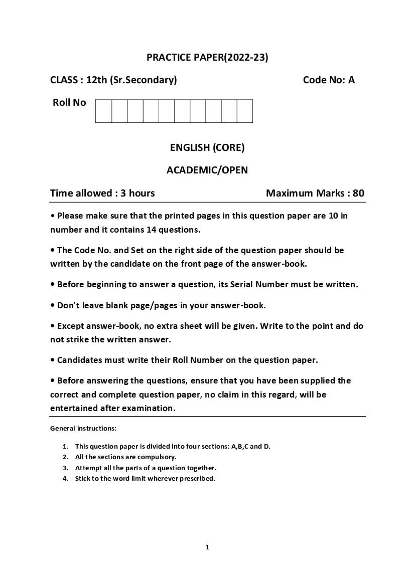 HBSE Class 12 Sample Paper 2023 English Set A - Page 1