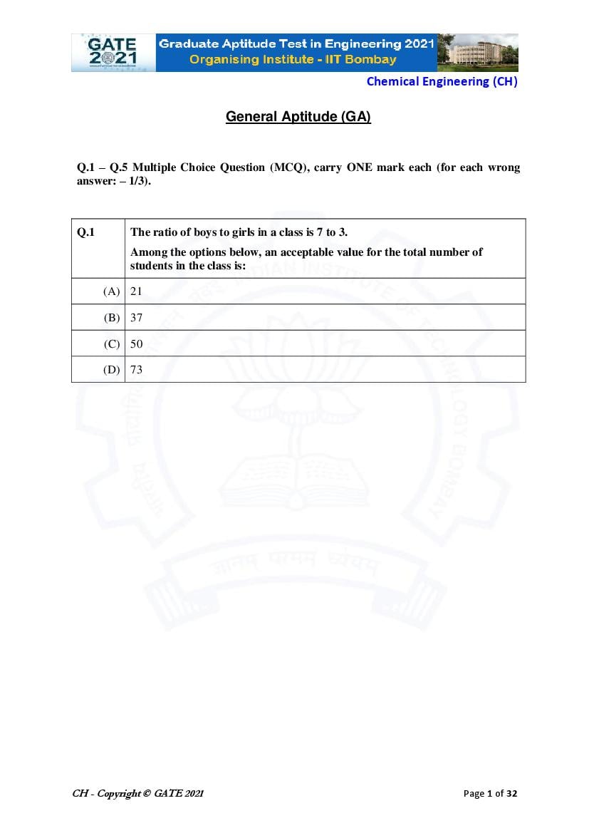 GATE 2021 Question Paper CH Chemical Engineering - Page 1