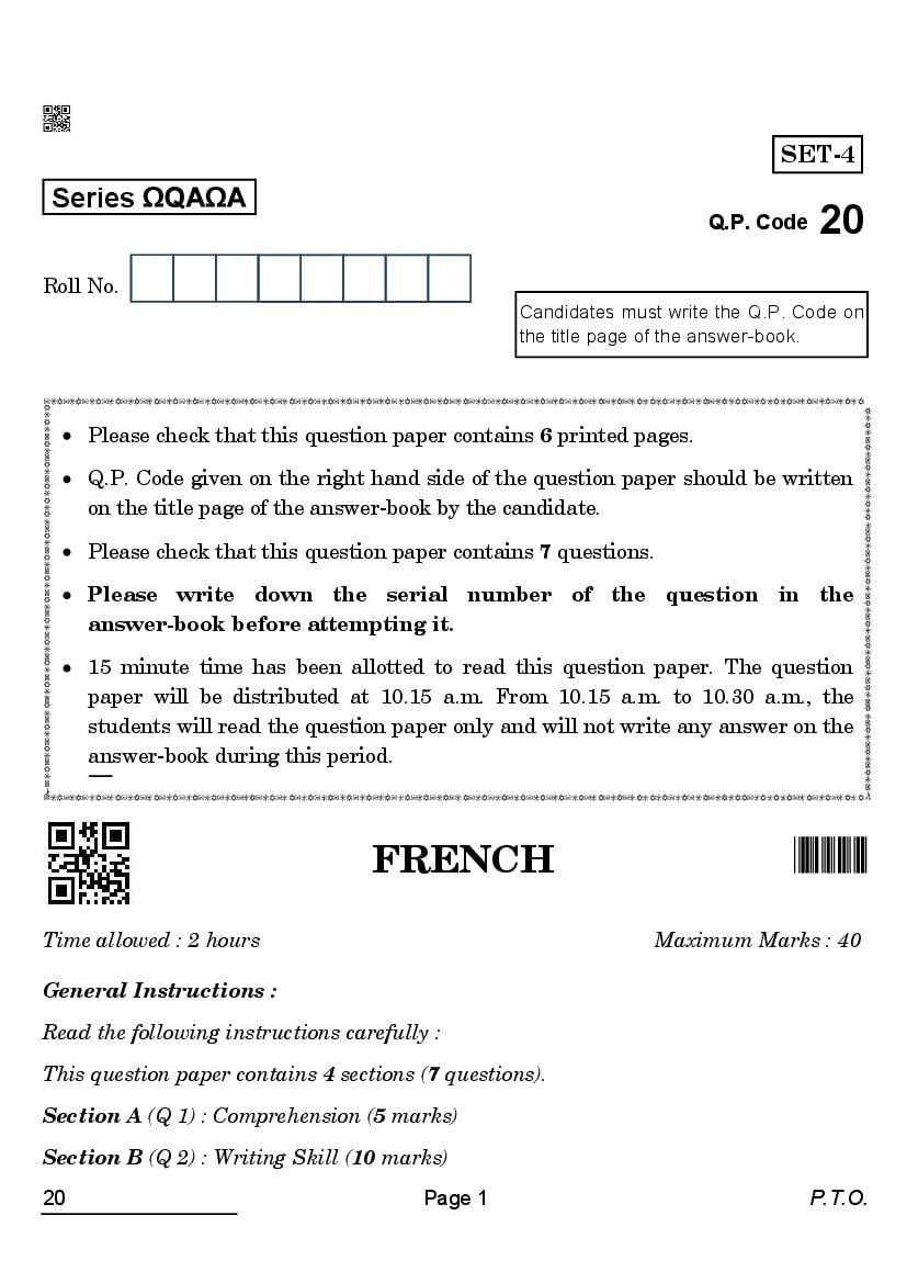 CBSE Class 10 Question Paper 2022 French (Solved) - Page 1