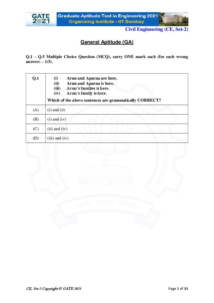 GATE 2021 Question Paper CE Civil Engineering 2 - Page 1