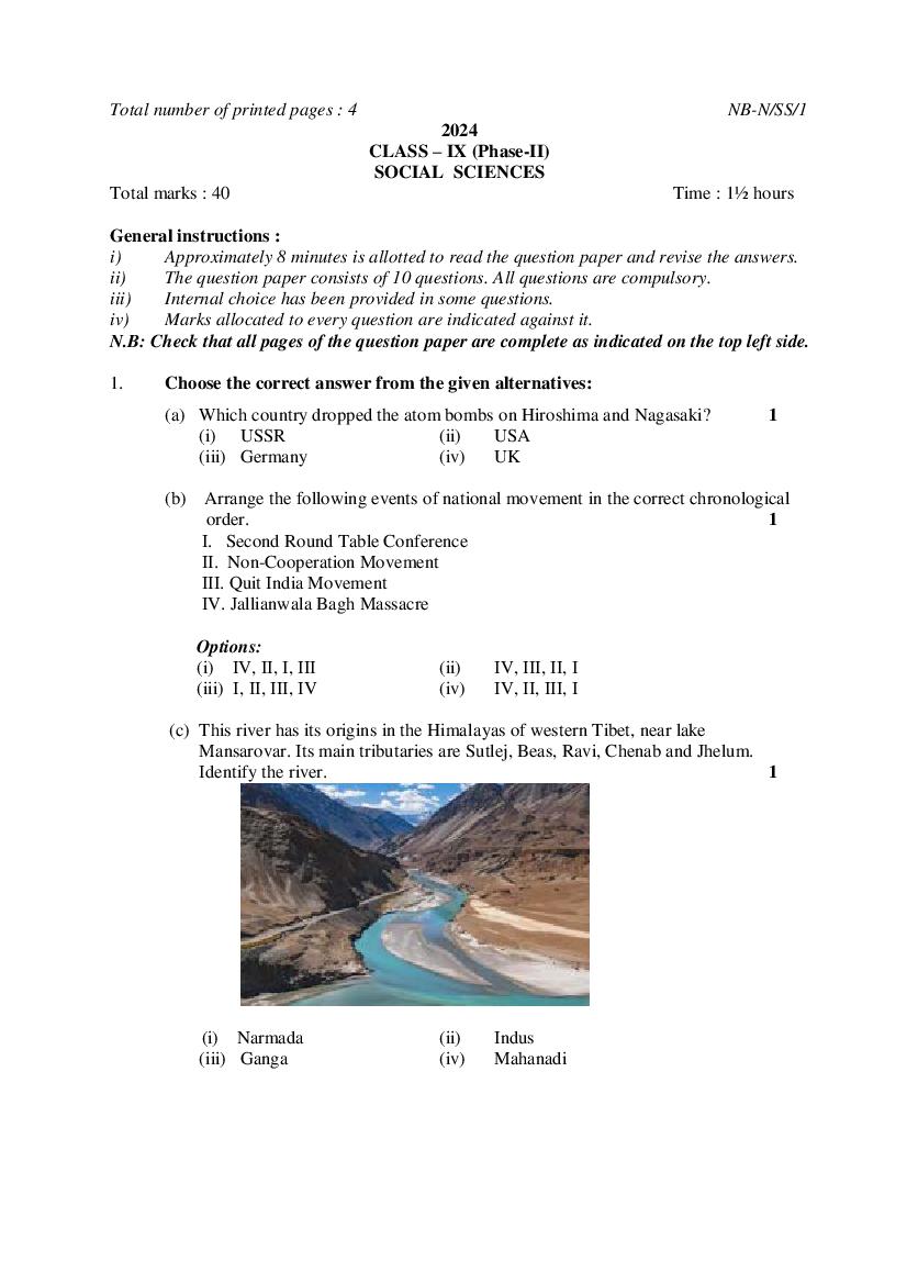 NBSE Class 9 Question Paper 2024-25 Phase 2 - Page 1