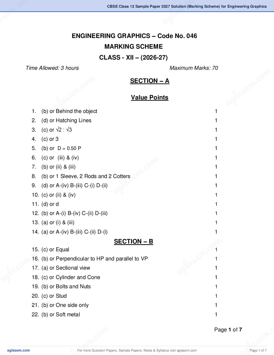 CBSE Class 12 Sample Paper 2027 Solution (Marking Scheme) for Engineering Graphics - Page 1 of 7