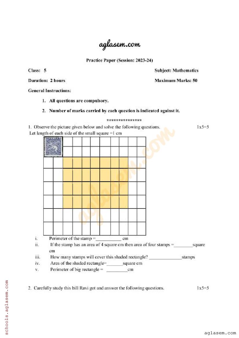 Class 5 Maths Sample Paper 2024 PDF Annual Exam Model Question 