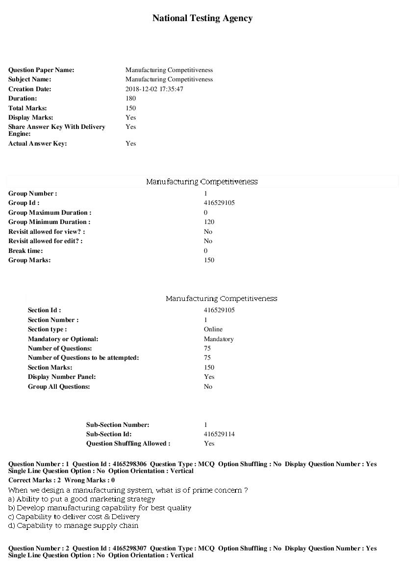 SWAYAM 2018 Question Paper Manufacturing Competitiveness - Page 1 of 13
