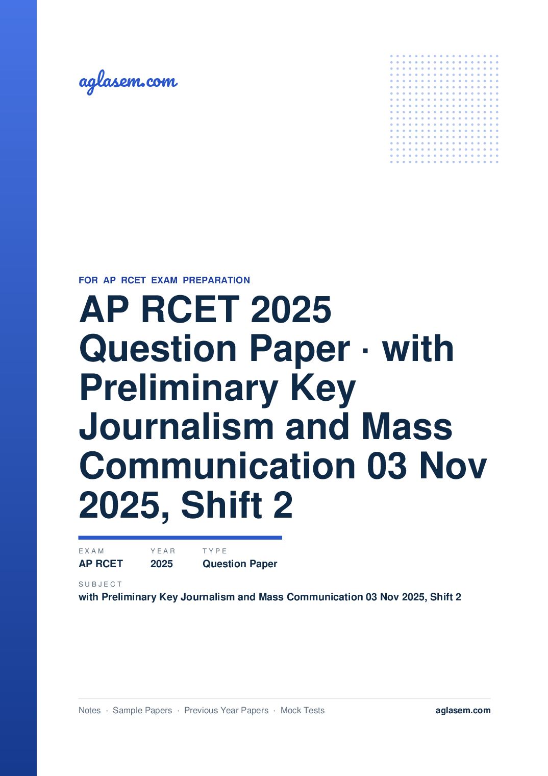 AP RCET 2025 Question Paper with Preliminary Key Journalism and Mass Communication 03 Nov 2025, Shift 2 - Page 1 of 66
