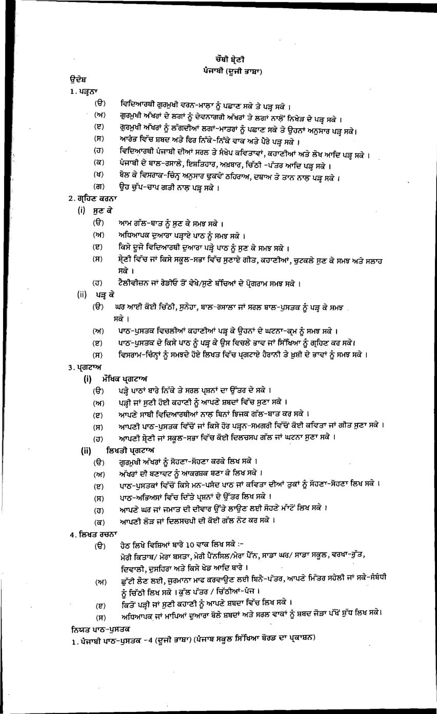 Pseb Syllabus 2021 22 For Class 4 Punjabi Second Language 