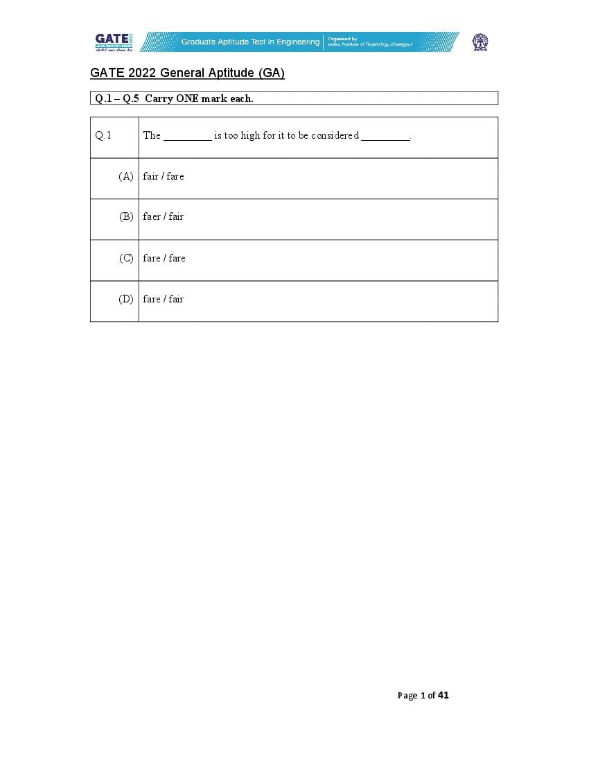 GATE 2022 Question Paper CS Computer Science and Information Technology - Page 1