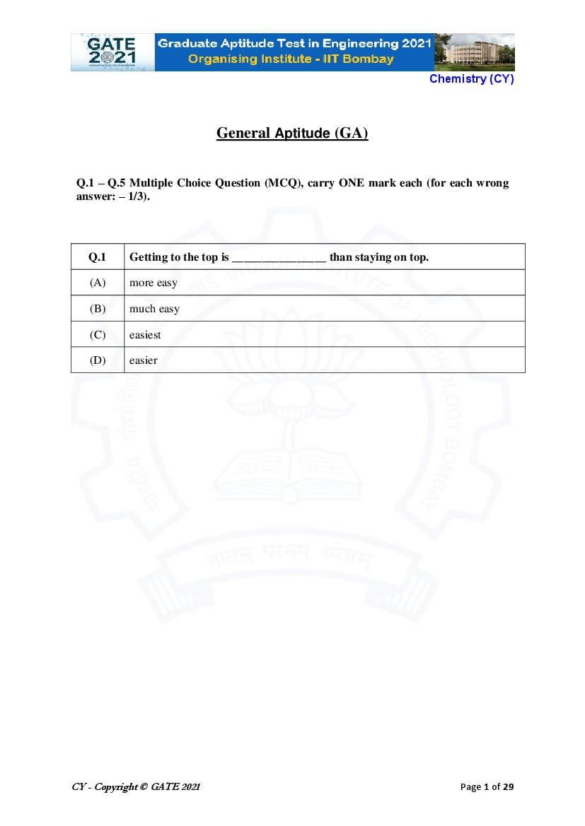 GATE 2021 Question Paper CY Chemistry - Page 1