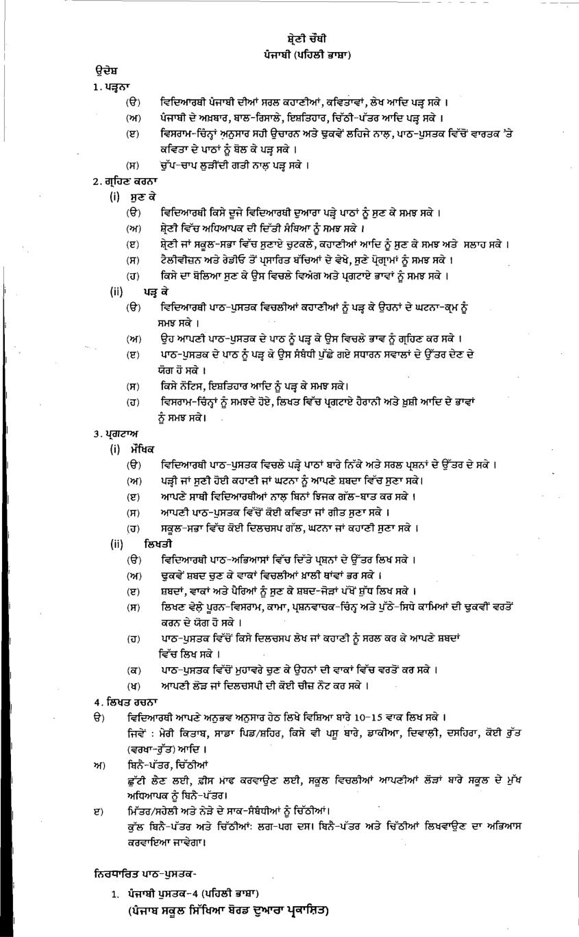 PSEB Syllabus 2021-22 for Class 4 Punjabi First Language - Page 1