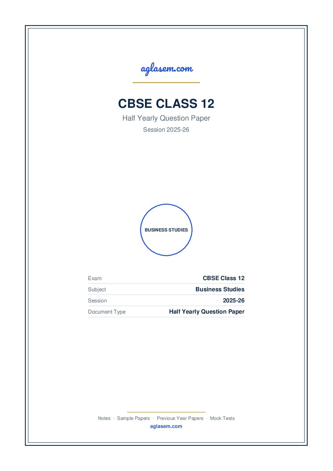 Class 12 Half Yearly Question Paper 2025-26 Business Studies - Page 1 of 7