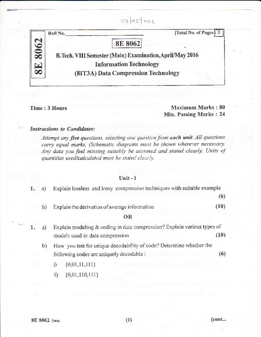 RTU 2016 Question Paper Semester VIII Information Technology Data Compression Technology - Page 1