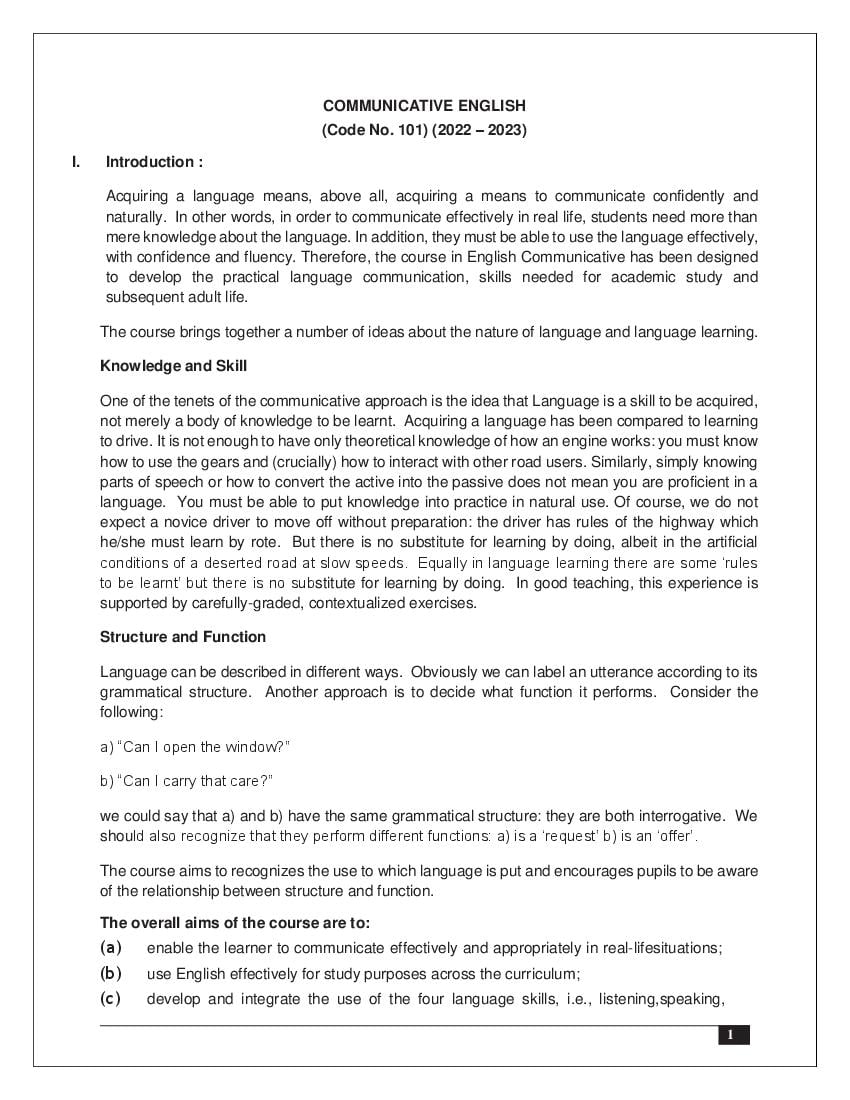 CBSE Class 9 Syllabus 2022-23 English Communicative - Page 1