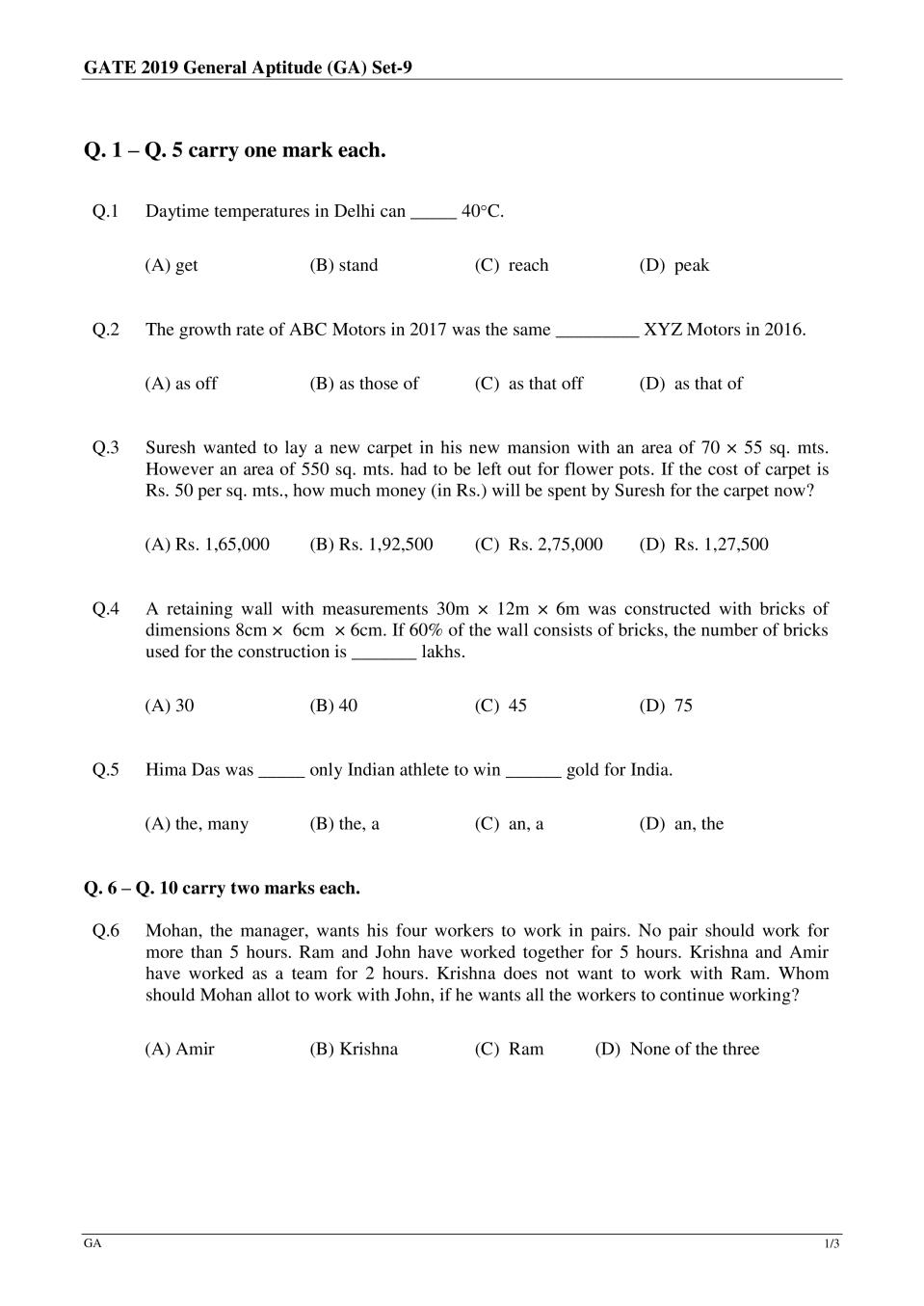 GATE 2019 Civil Engineering (CE) Question Paper with Answer Set 2 - Page 1