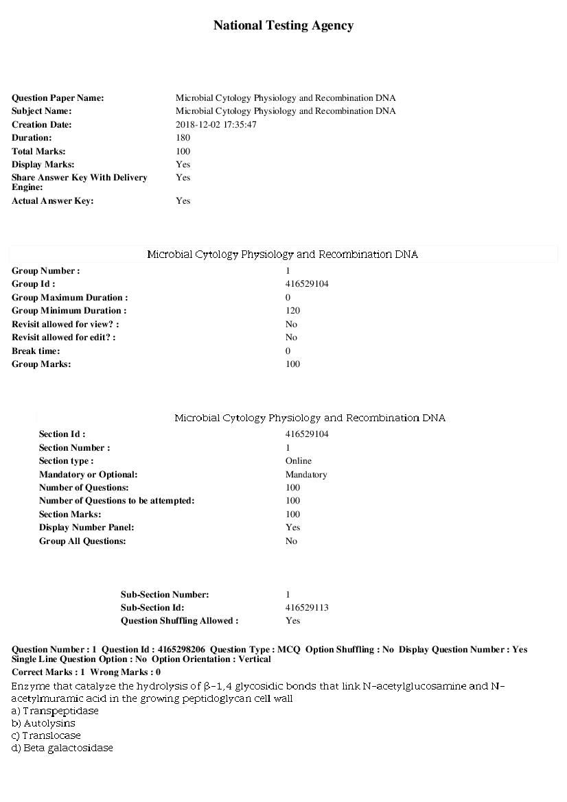 SWAYAM 2018 Question Paper Microbial Cytology Physiology and Recombination DNA - Page 1 of 17