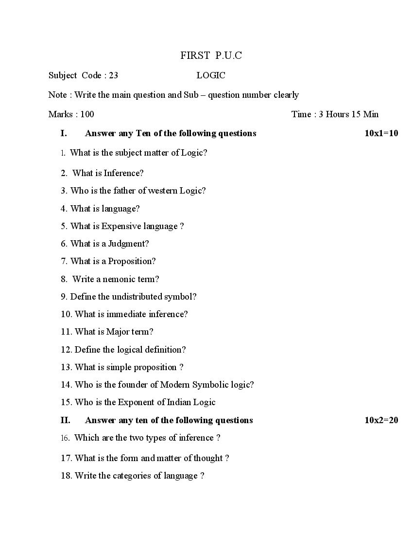 Karnataka 1st PUC Model Question Paper 2022 for Alogic (English Medium) - Page 1