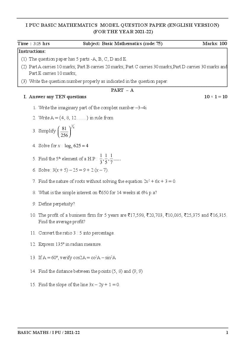 Karnataka 1st PUC Model Question Paper for Basic Maths 2022