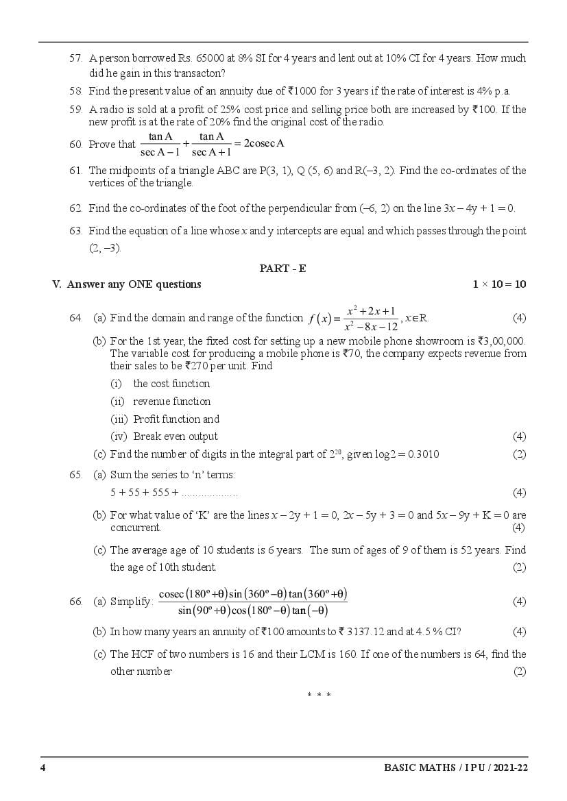 Karnataka 1st PUC Model Question Paper for Basic Maths 2022