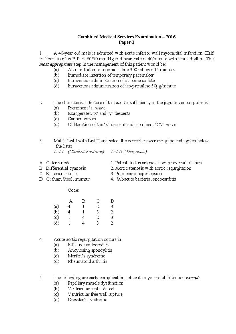 UPSC CMS 2016 Question Paper - Paper I - Page 1
