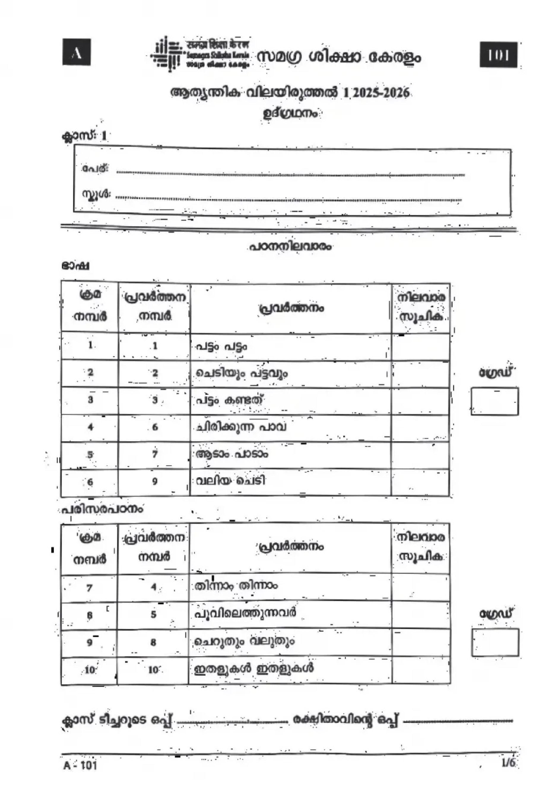 Kerala Class 1 First Term Question Paper 2025 Integration Day 1 - Page 1 of 6