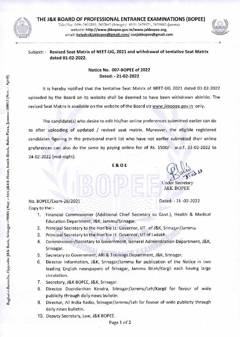 Jammu and Kashmir MBBS, BDS Admission 2021 Revised 1st Round Seat Matrix - Page 1