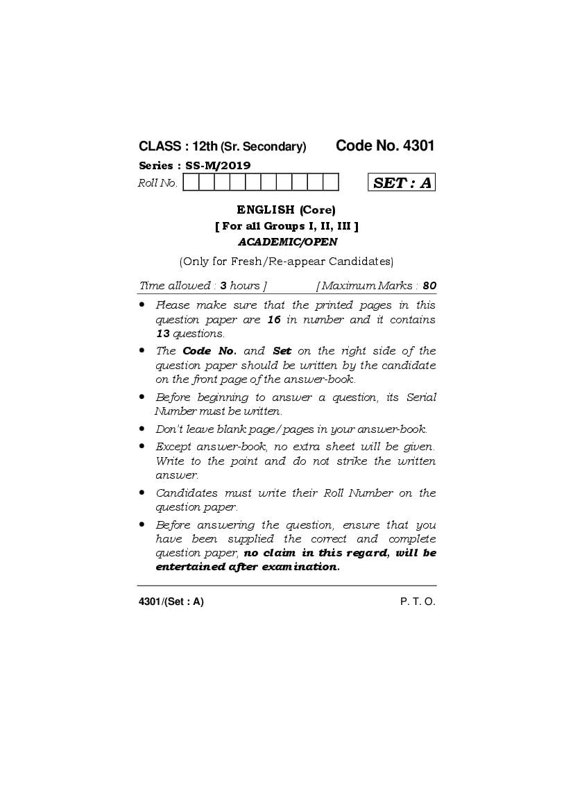 HBSE Class 12 English Core Question Paper 2019 - Page 1