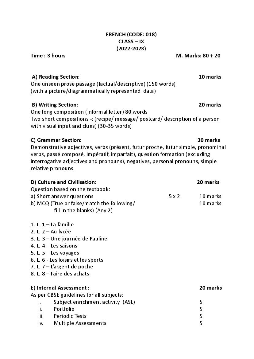 CBSE Class 9 Syllabus 2022-23 French - Page 1