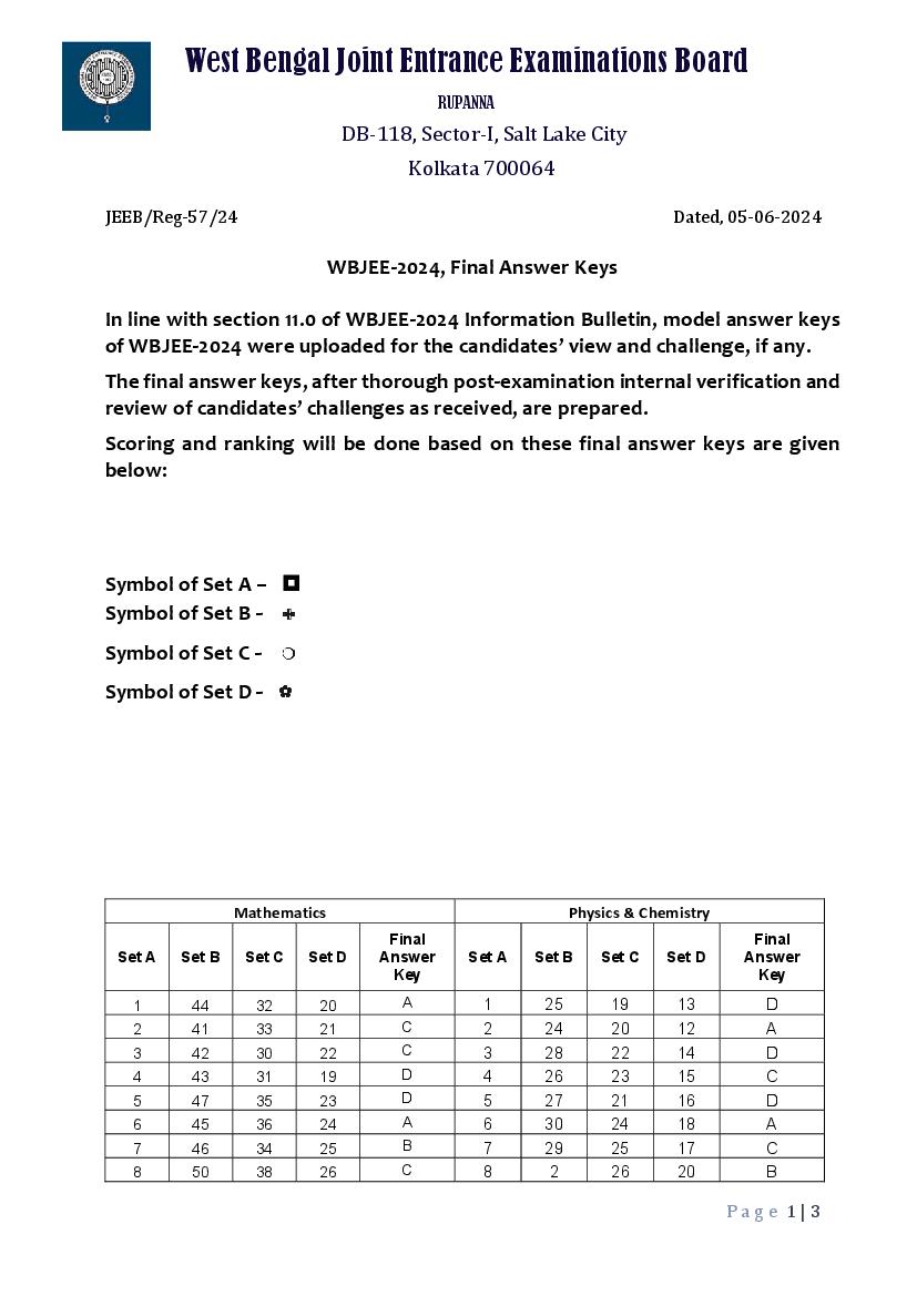 WBJEE 2024 Answer Key - Page 1