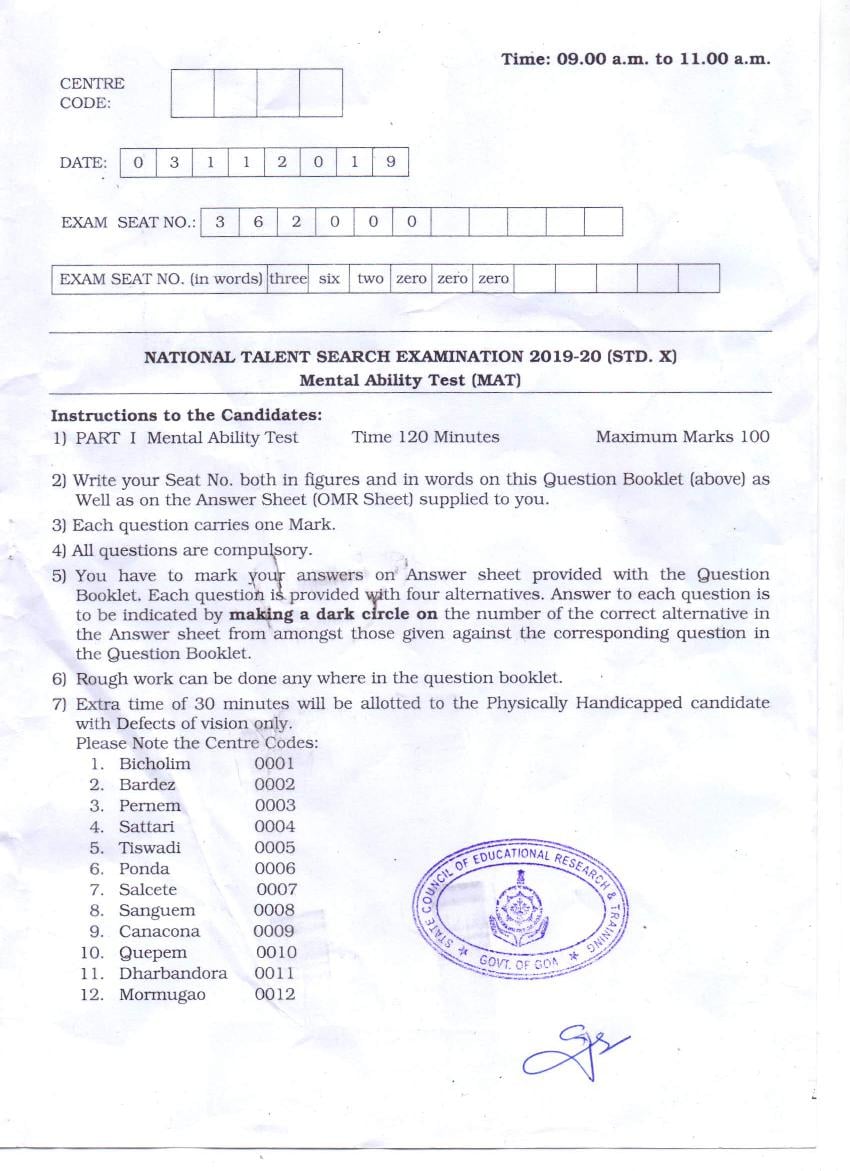 Goa NTSE 2019-20 Question Paper with Answer Key MAT - Page 1